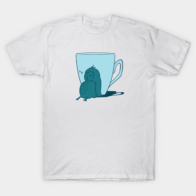 Sleepy Owl and Cup Teal T-Shirt by AuroraCelestine